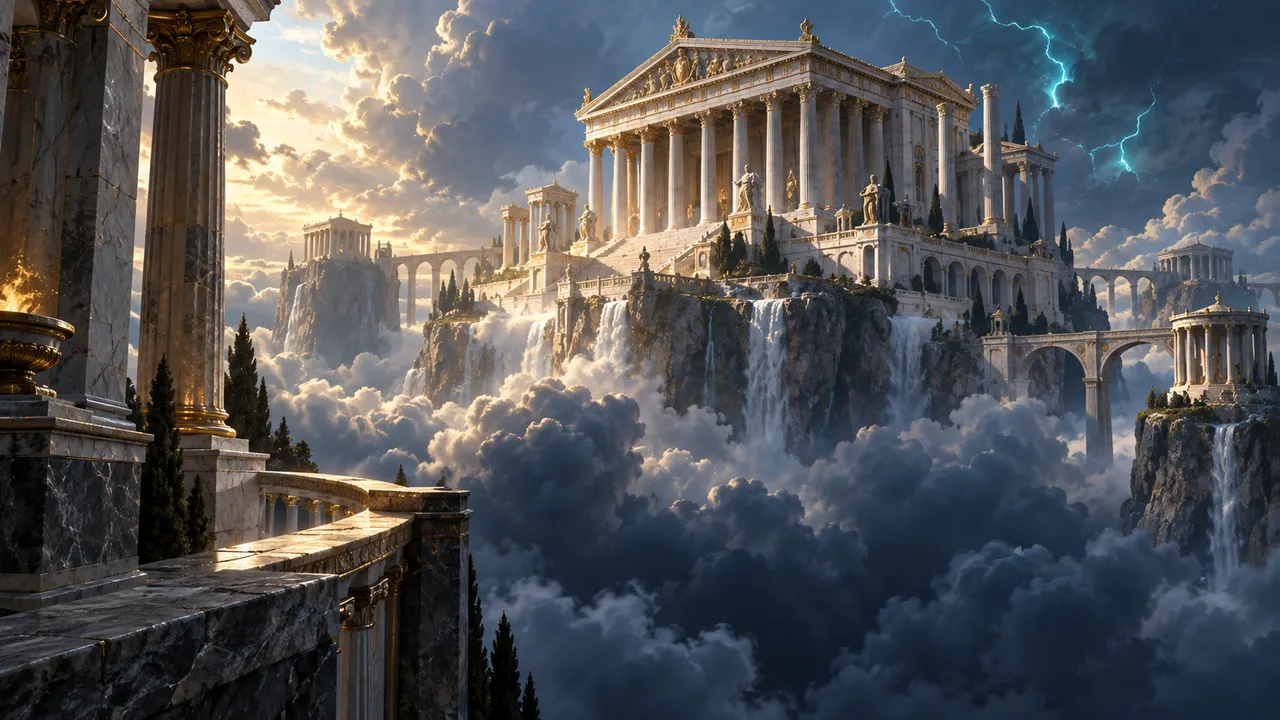 Marble temples rising above clouds with turquoise lightning