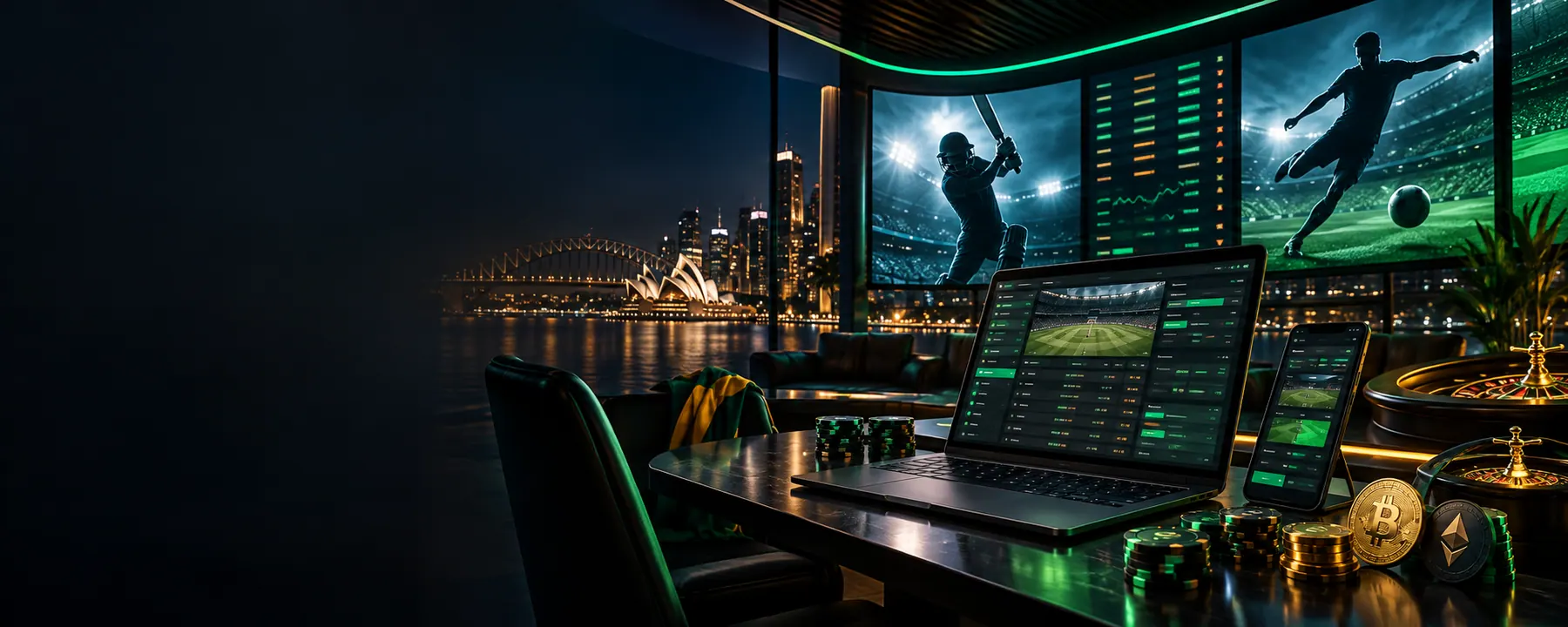 Dark premium sportsbook dashboard with Australian skyline and sports screens